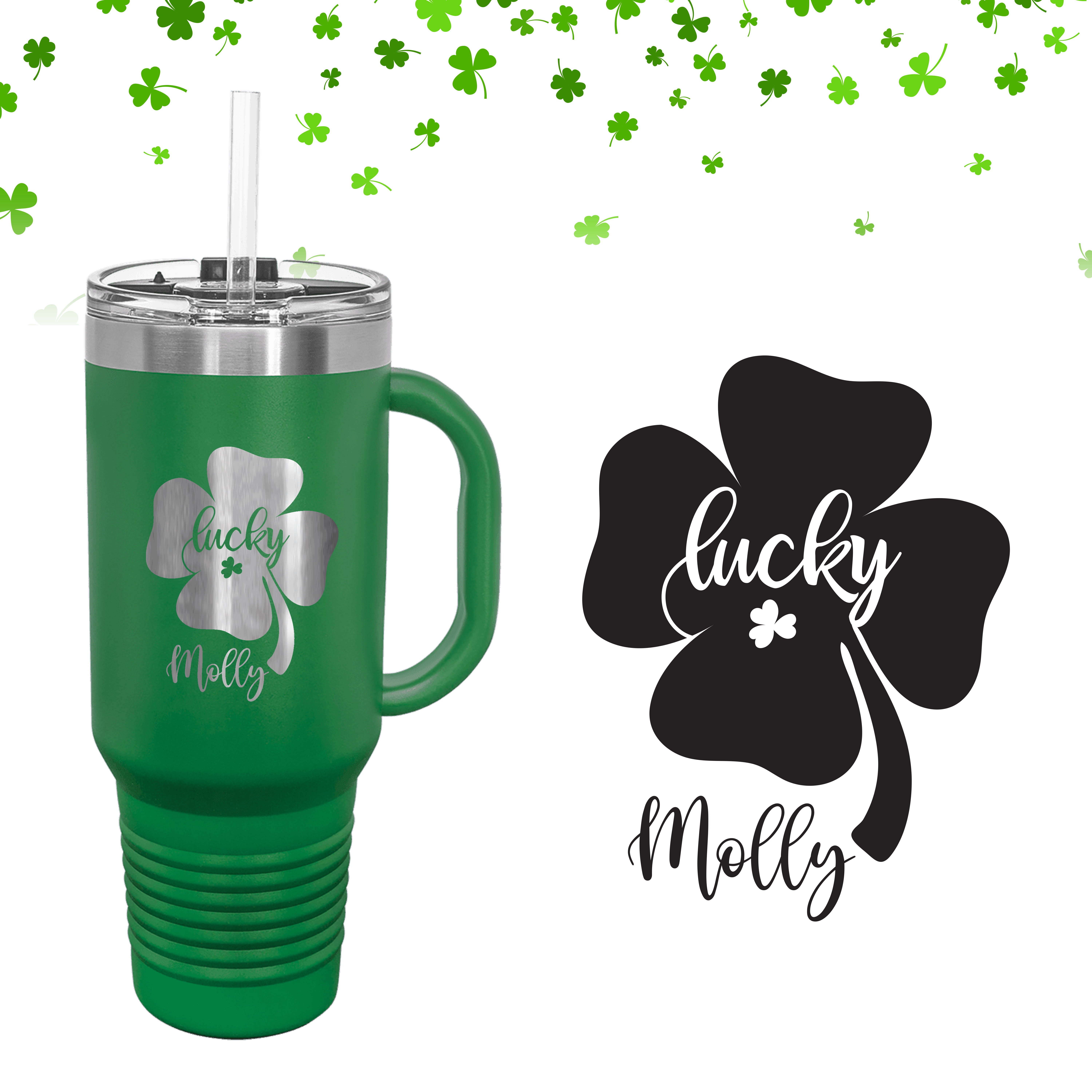 (NEW!) Shamrock 40 oz. Tumbler with Handle and Straw (GREEN)